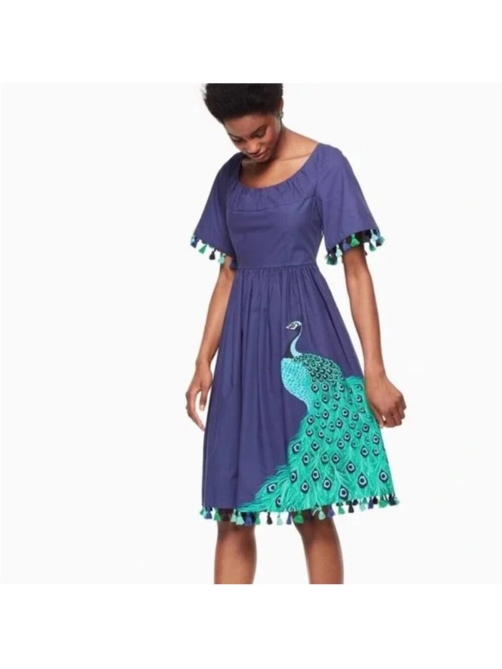 Kate Spade Peacock Deep-Sea Midi Dress With Tassels - Size 12